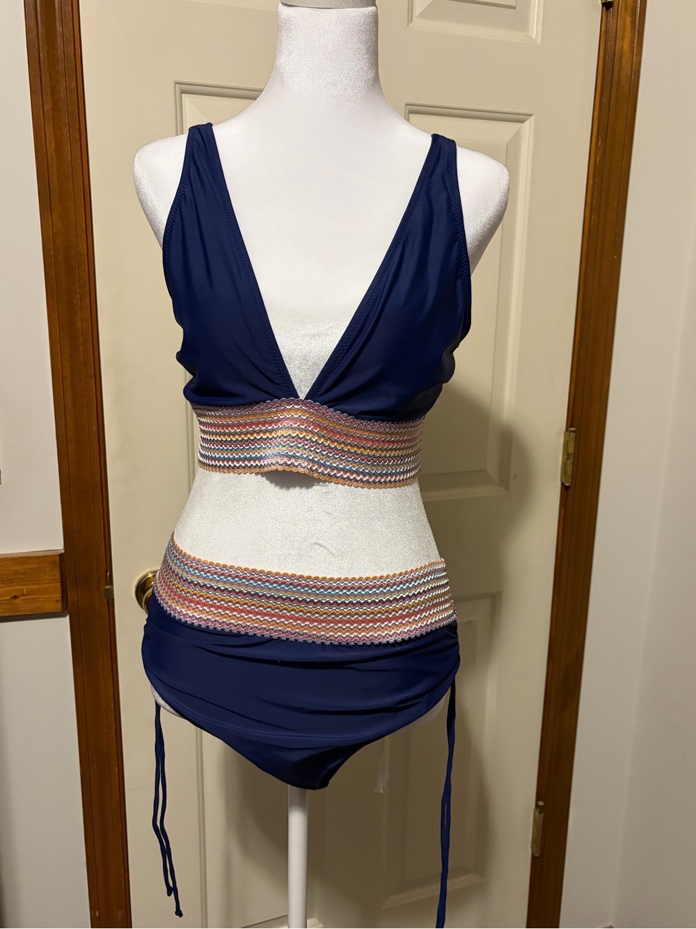 Blooming Jelly High-Waisted Bikini Set Adjustable Straps Navy Blue Multicolor L
